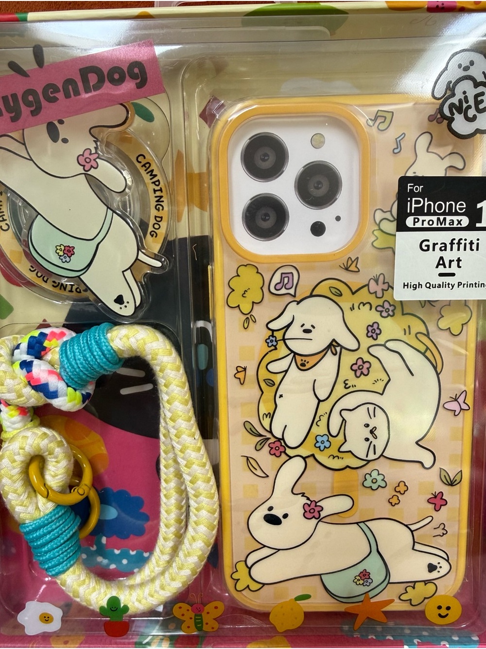 iPhone 16 Pro Max Yellow Dog Graffiti Art Case with Strap